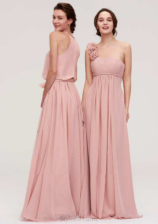 Sleeveless One-Shoulder Long/Floor-Length Chiffon A-line/Princess Bridesmaid Dresses With Pleated Flowers Elaina HQP0025346