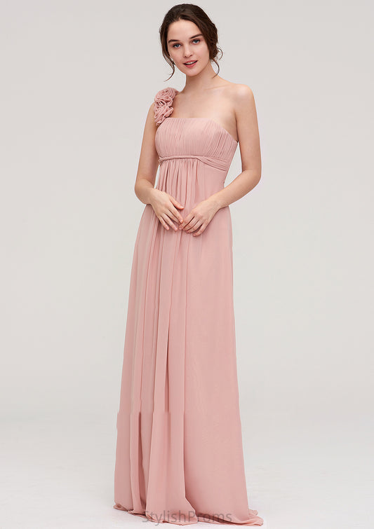 Sleeveless One-Shoulder Long/Floor-Length Chiffon A-line/Princess Bridesmaid Dresses With Pleated Flowers Elaina HQP0025346