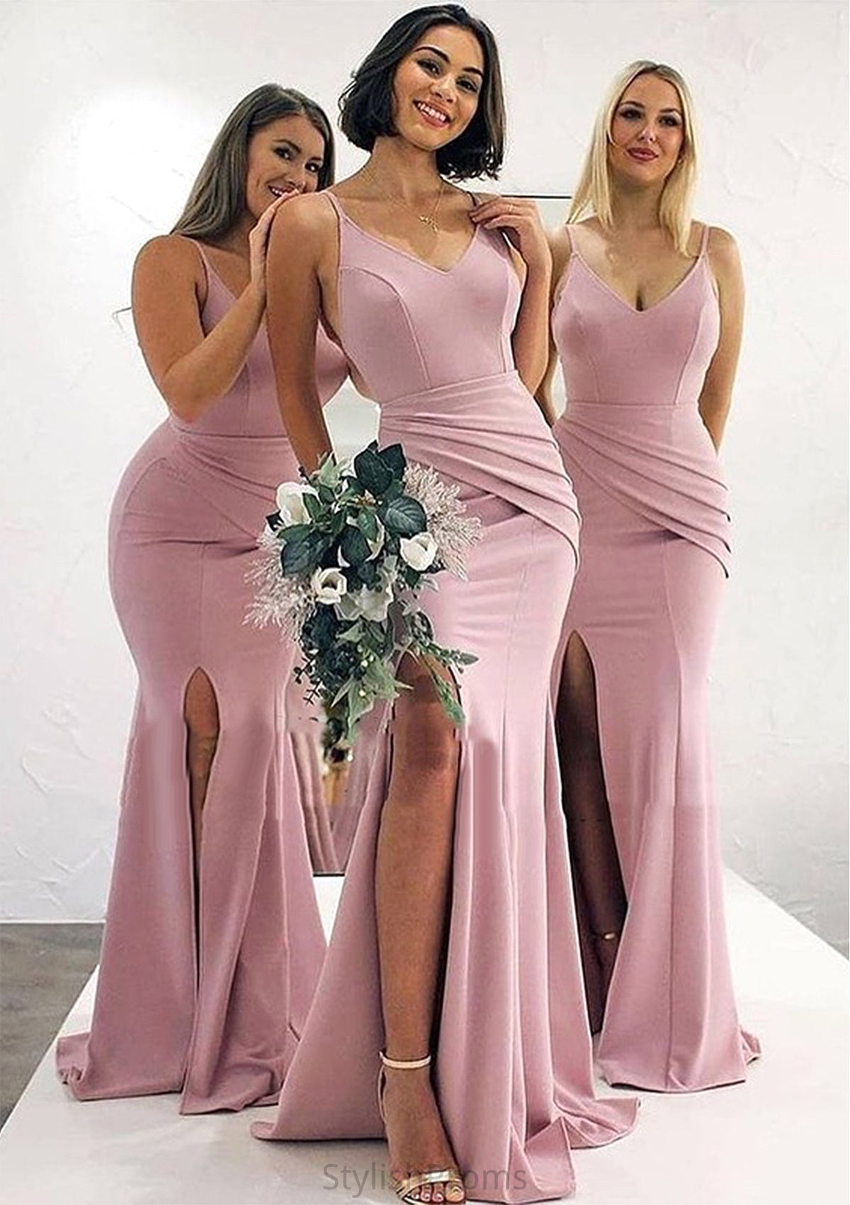 Trumpet/Mermaid V Neck Sleeveless Long/Floor-Length Elastic Satin Bridesmaid Dresses With Pleated Split Jaycee HQP0025347