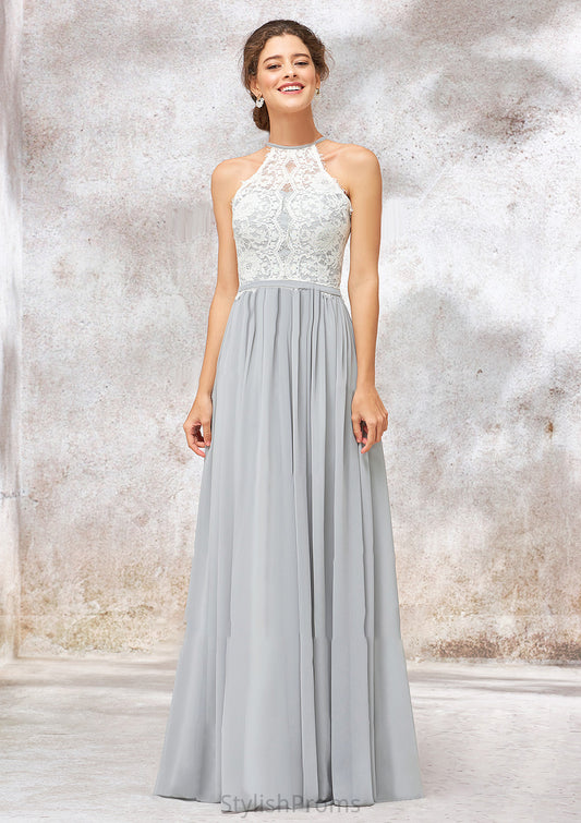 Scoop Neck A-line/Princess Sleeveless Chiffon Long/Floor-Length Bridesmaid Dresses With Lace Tia HQP0025350