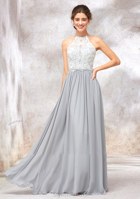 Scoop Neck A-line/Princess Sleeveless Chiffon Long/Floor-Length Bridesmaid Dresses With Lace Tia HQP0025350