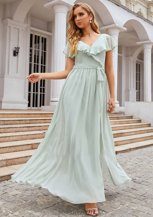 A-line V Neck Short Sleeve Long/Floor-Length Chiffon Bridesmaid Dresses With Sashes Ruffles Cailyn HQP0025352