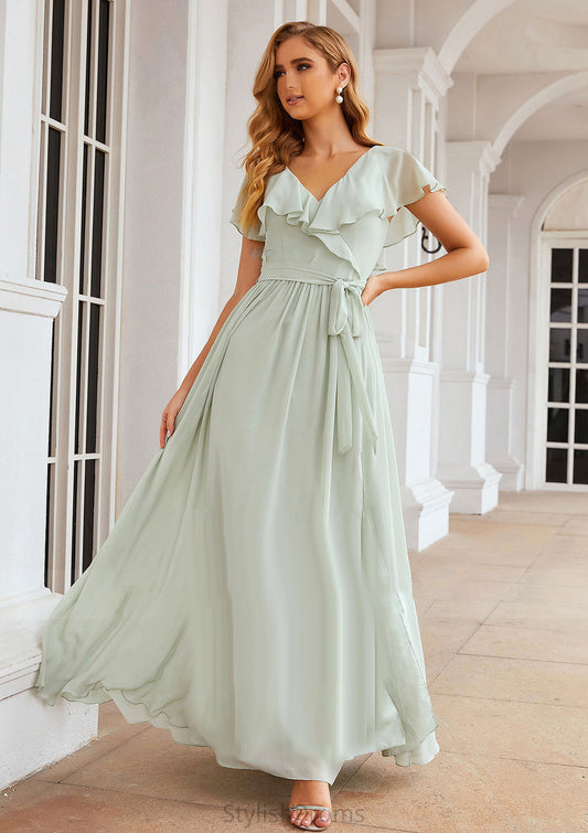 A-line V Neck Short Sleeve Long/Floor-Length Chiffon Bridesmaid Dresses With Sashes Ruffles Cailyn HQP0025352