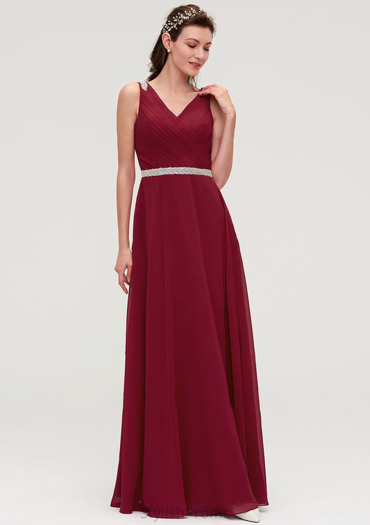 V Neck Sleeveless Chiffon A-line/Princess Long/Floor-Length Bridesmaid Dresseses With Waistband Beading Pleated Lilian HQP0025355