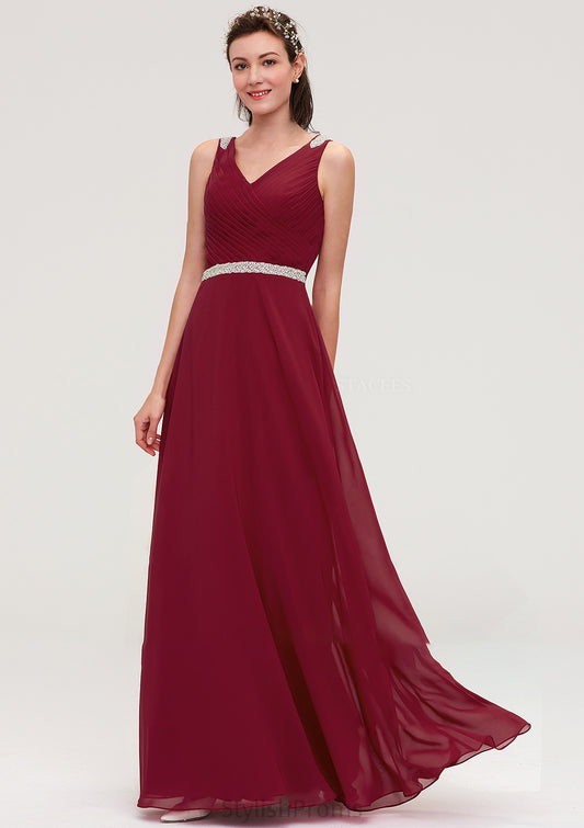 V Neck Sleeveless Chiffon A-line/Princess Long/Floor-Length Bridesmaid Dresseses With Waistband Beading Pleated Lilian HQP0025355