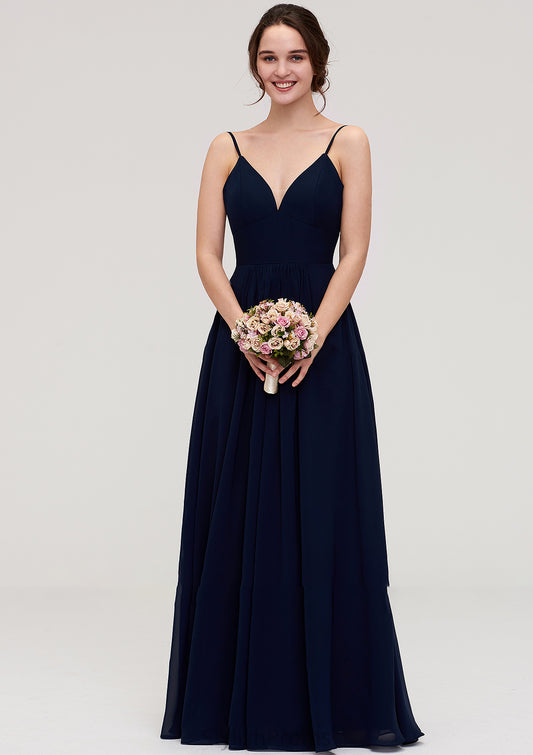 Sleeveless V Neck A-line/Princess Chiffon Long/Floor-Length Bridesmaid Dresseses With Pleated Amani HQP0025357