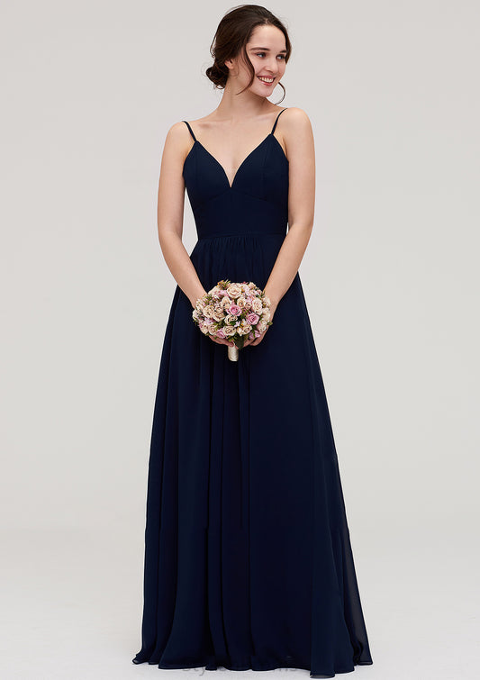 Sleeveless V Neck A-line/Princess Chiffon Long/Floor-Length Bridesmaid Dresseses With Pleated Amani HQP0025357