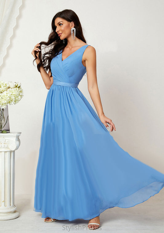 A-line V Neck Sleeveless Chiffon Long/Floor-Length Bridesmaid Dresses With Pleated Kennedi HQP0025360