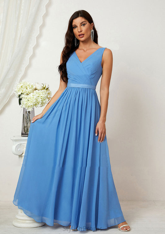 A-line V Neck Sleeveless Chiffon Long/Floor-Length Bridesmaid Dresses With Pleated Kennedi HQP0025360