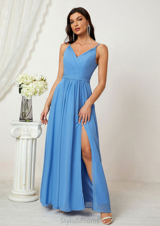 A-line V Neck Sleeveless Chiffon Long/Floor-Length Bridesmaid Dresses With Split Pleated Gemma HQP0025362