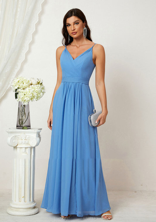 A-line V Neck Sleeveless Chiffon Long/Floor-Length Bridesmaid Dresses With Split Pleated Gemma HQP0025362