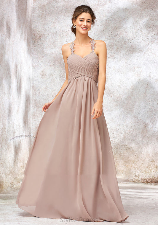 A-line Sweetheart Sleeveless Chiffon Long/Floor-Length Bridesmaid Dresses With Lace Pleated Melissa HQP0025365