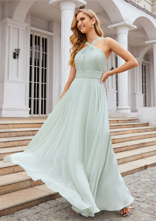 A-line Scalloped Neck Sleeveless Long/Floor-Length Chiffon Bridesmaid Dresses With Pleated Shelby HQP0025366