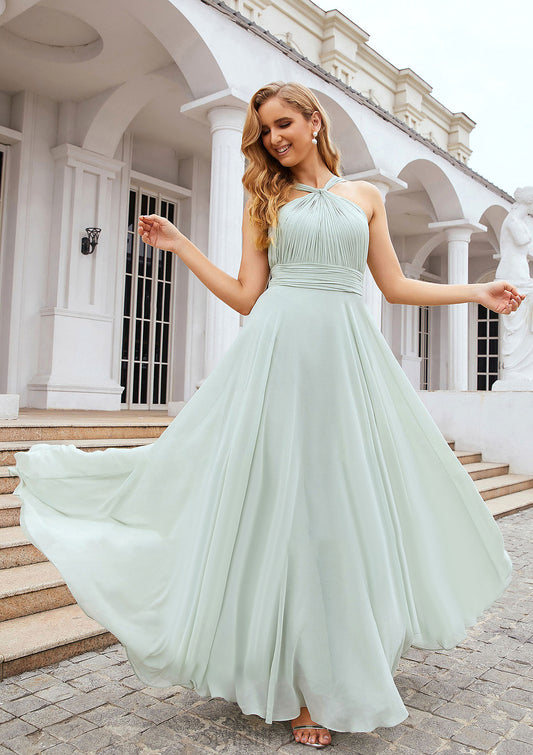 A-line Scalloped Neck Sleeveless Long/Floor-Length Chiffon Bridesmaid Dresses With Pleated Shelby HQP0025366