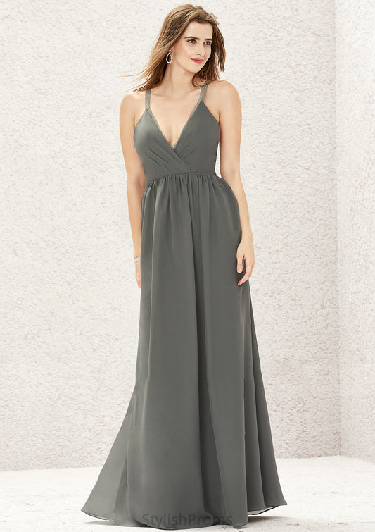 A-line V Neck Sleeveless Chiffon Long/Floor-Length Bridesmaid Dresses With Pleated Lace Rhoda HQP0025367