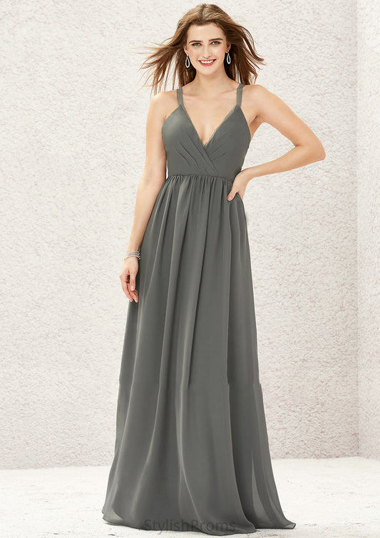 A-line V Neck Sleeveless Chiffon Long/Floor-Length Bridesmaid Dresses With Pleated Lace Rhoda HQP0025367