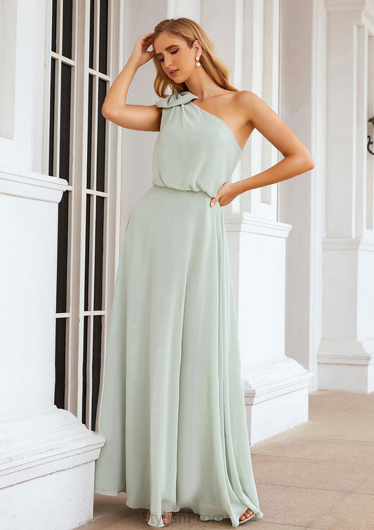 A-line One-Shoulder Sleeveless Long/Floor-Length Chiffon Bridesmaid Dresses With Shoulder Flower Mylee HQP0025369