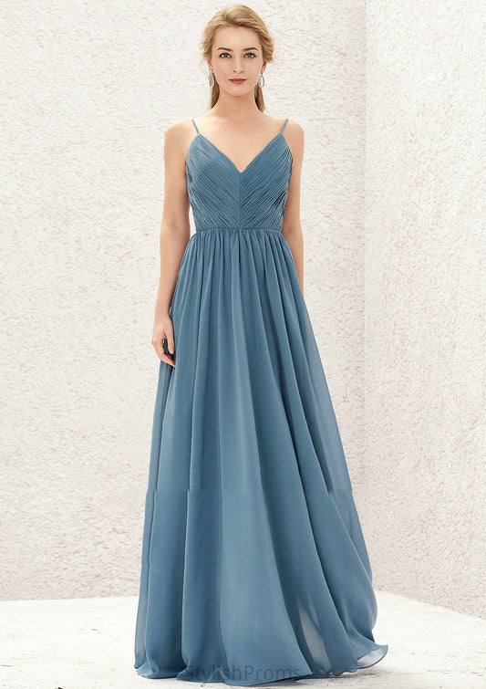 A-line V Neck Sleeveless Chiffon Long/Floor-Length Bridesmaid Dresses With Pleated Miriam HQP0025370