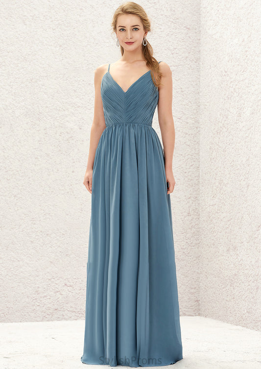 A-line V Neck Sleeveless Chiffon Long/Floor-Length Bridesmaid Dresses With Pleated Miriam HQP0025370