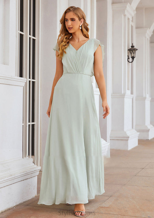 A-line V Neck Sleeveless Long/Floor-Length Chiffon Bridesmaid Dresses With Pleated Split Anastasia HQP0025372