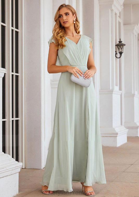 A-line V Neck Sleeveless Long/Floor-Length Chiffon Bridesmaid Dresses With Pleated Split Anastasia HQP0025372