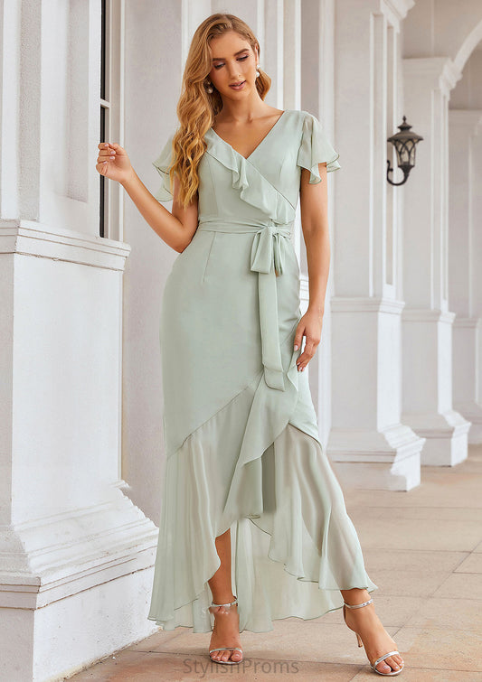 Sheath/Column V Neck Short Sleeve Asymmetrical Chiffon Bridesmaid Dresses With Ruffles Waistband Split Claudia HQP0025375