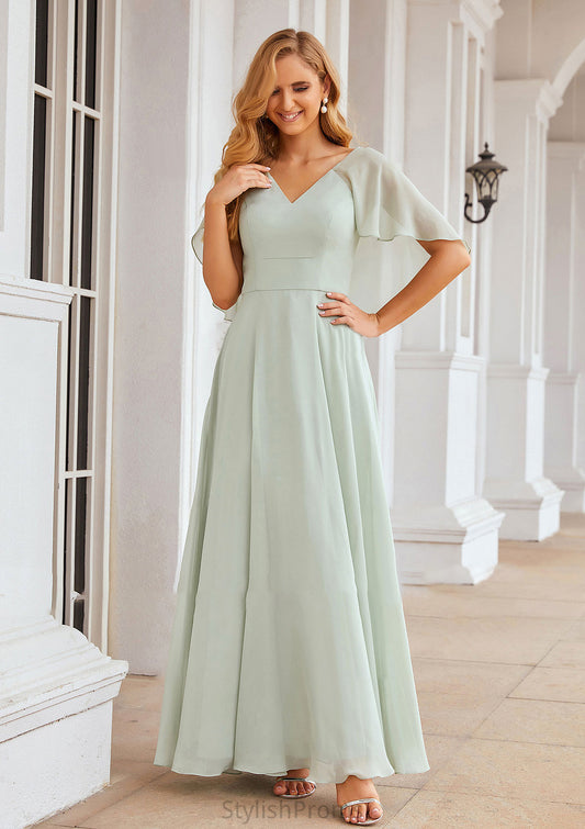 A-line V Neck Short Sleeve Long/Floor-Length Chiffon Bridesmaid Dresses Renee HQP0025376