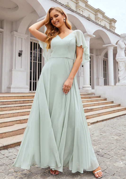 A-line V Neck Short Sleeve Long/Floor-Length Chiffon Bridesmaid Dresses Renee HQP0025376