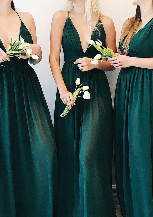 A-line V Neck Sleeveless Long/Floor-Length Chiffon Bridesmaid Dresses With Pleated Carlee HQP0025377