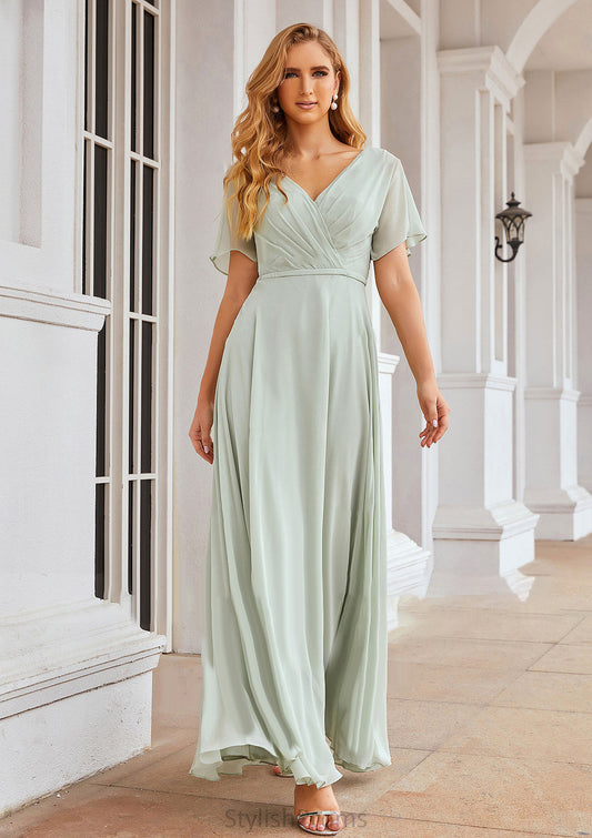 A-line V Neck Short Sleeve Chiffon Long/Floor-Length Bridesmaid Dresses With Pleated Waistband Lesly HQP0025381