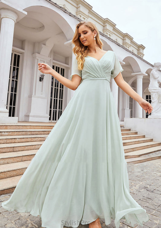 A-line V Neck Short Sleeve Chiffon Long/Floor-Length Bridesmaid Dresses With Pleated Waistband Lesly HQP0025381