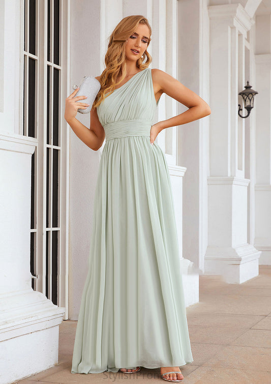 A-line One-Shoulder Sleeveless Chiffon Long/Floor-Length Bridesmaid Dresses With Pleated Paulina HQP0025382