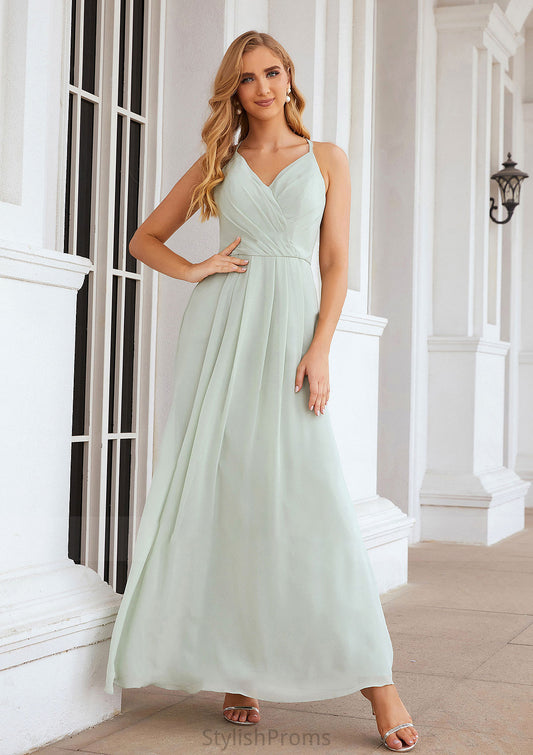 A-line V Neck Sleeveless Chiffon Long/Floor-Length Bridesmaid Dresses With Pleated Nyasia HQP0025385