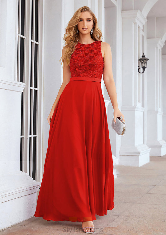 A-line Empire Scalloped Neck Sleeveless Chiffon Long/Floor-Length Bridesmaid Dresses With Beading Sequins Maud HQP0025392