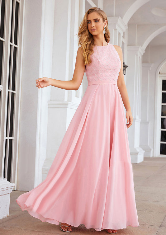 A-line Scalloped Neck Sleeveless Chiffon Long/Floor-Length Bridesmaid Dresses With Beading Lucinda HQP0025393