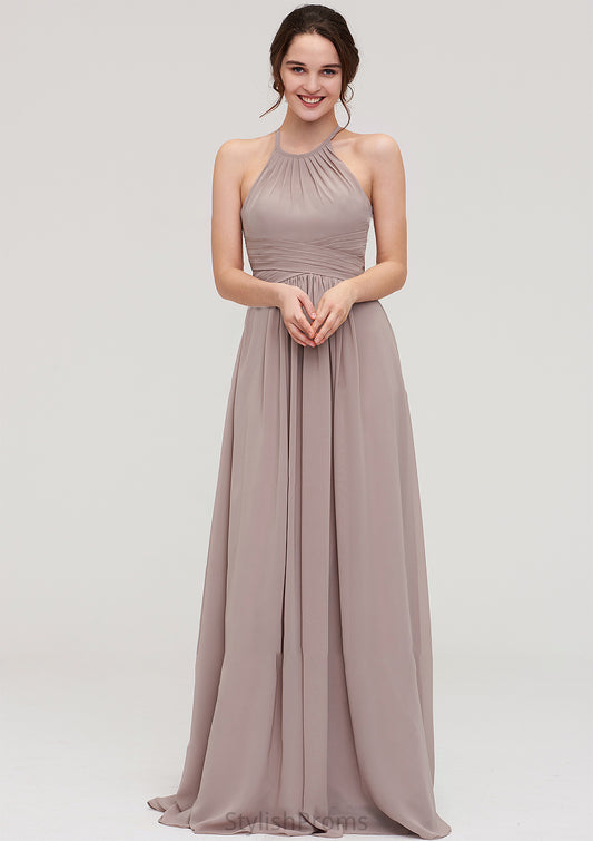 Scoop Neck Sleeveless A-line/Princess Chiffon Long/Floor-Length Bridesmaid Dresseses With Pleated Uerica HQP0025399