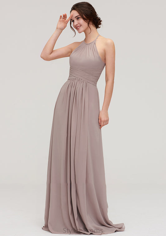 Scoop Neck Sleeveless A-line/Princess Chiffon Long/Floor-Length Bridesmaid Dresseses With Pleated Uerica HQP0025399