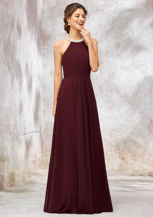 Sleeveless Scoop Neck Long/Floor-Length Chiffon A-line/Princess Bridesmaid Dresses With Pleated Beading Tamia HQP0025406