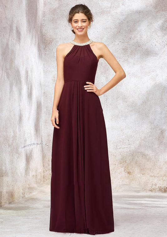 Sleeveless Scoop Neck Long/Floor-Length Chiffon A-line/Princess Bridesmaid Dresses With Pleated Beading Tamia HQP0025406