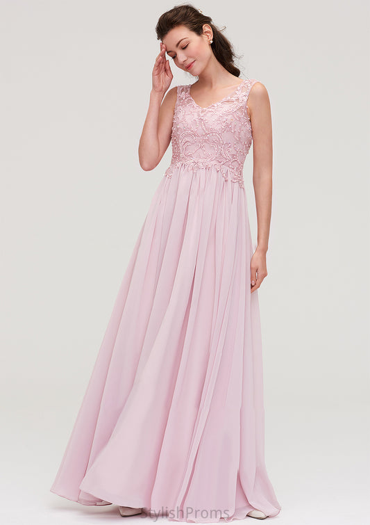 Sleeveless V Neck A-line/Princess Chiffon Long/Floor-Length Bridesmaid Dresseses With Beading Appliqued Angelica HQP0025410