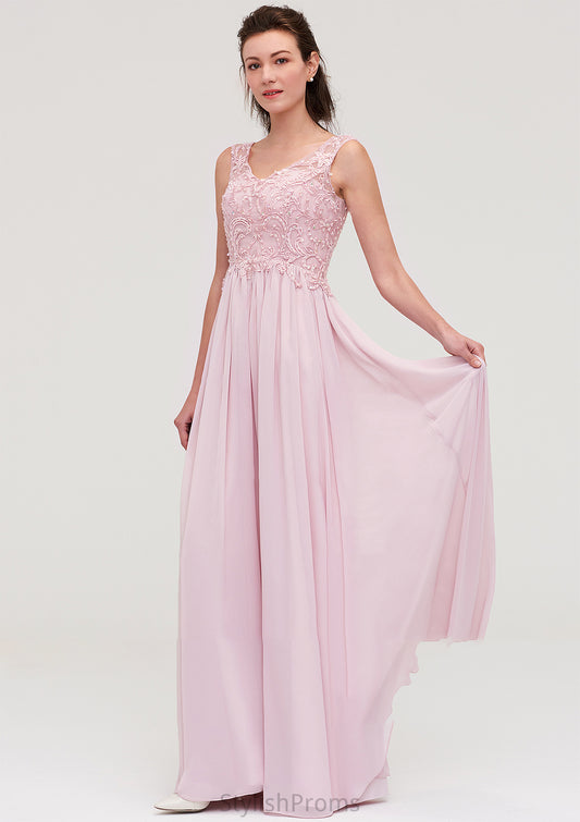 Sleeveless V Neck A-line/Princess Chiffon Long/Floor-Length Bridesmaid Dresseses With Beading Appliqued Angelica HQP0025410