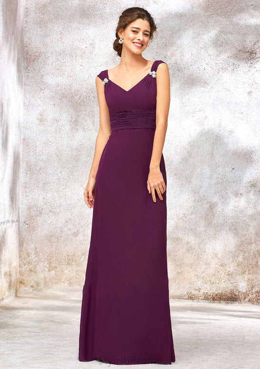 V Neck Sleeveless Long/Floor-Length Sheath/Column Chiffon Bridesmaid Dresses With Sashes Pleated Beading Cloe HQP0025412