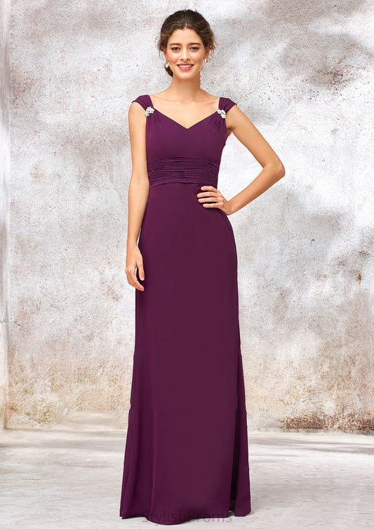 V Neck Sleeveless Long/Floor-Length Sheath/Column Chiffon Bridesmaid Dresses With Sashes Pleated Beading Cloe HQP0025412