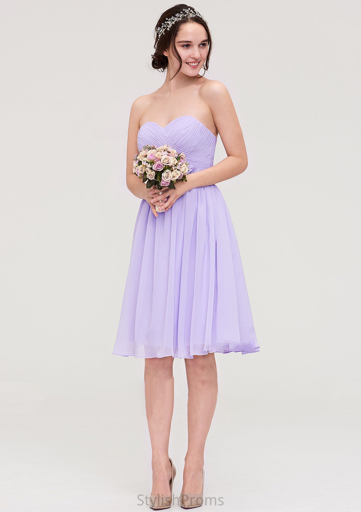 Sleeveless Sweetheart Chiffon Knee-Length A-line/Princess Bridesmaid Dresses With Pleated Flowers Isabelle HQP0025413