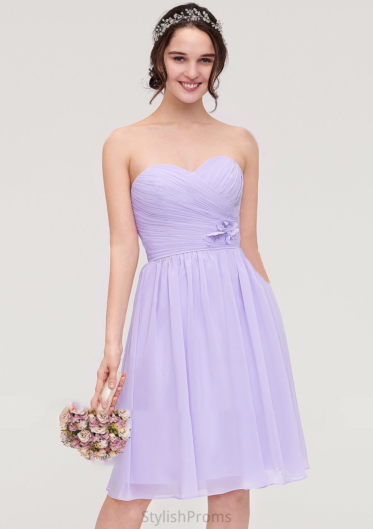 Sleeveless Sweetheart Chiffon Knee-Length A-line/Princess Bridesmaid Dresses With Pleated Flowers Isabelle HQP0025413