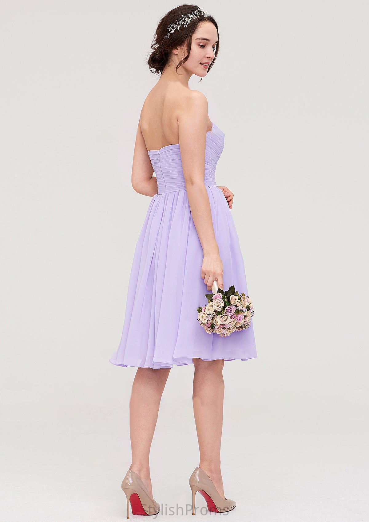 Sleeveless Sweetheart Chiffon Knee-Length A-line/Princess Bridesmaid Dresses With Pleated Flowers Isabelle HQP0025413