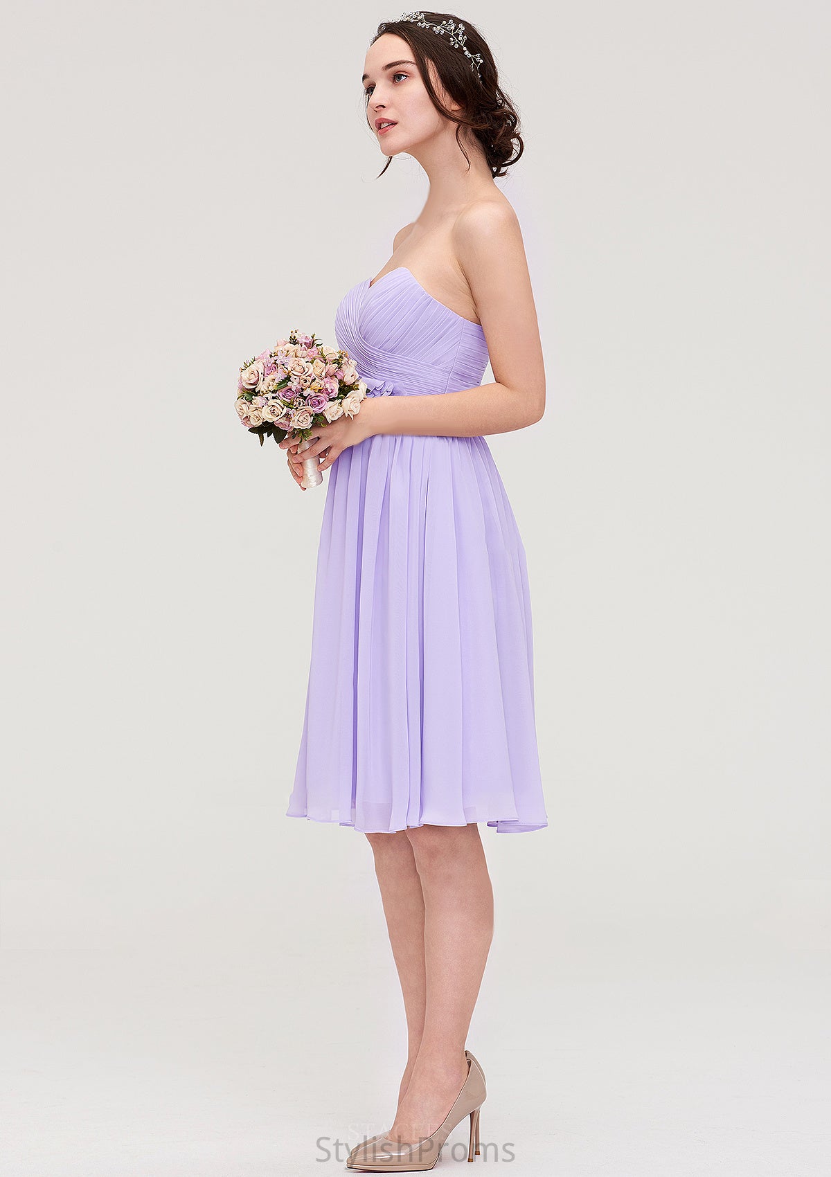 Sleeveless Sweetheart Chiffon Knee-Length A-line/Princess Bridesmaid Dresses With Pleated Flowers Isabelle HQP0025413