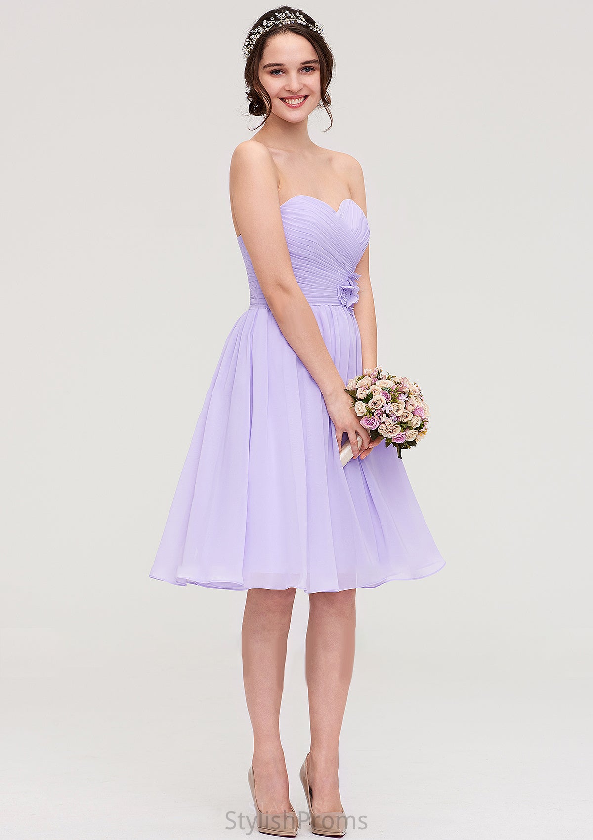 Sleeveless Sweetheart Chiffon Knee-Length A-line/Princess Bridesmaid Dresses With Pleated Flowers Isabelle HQP0025413