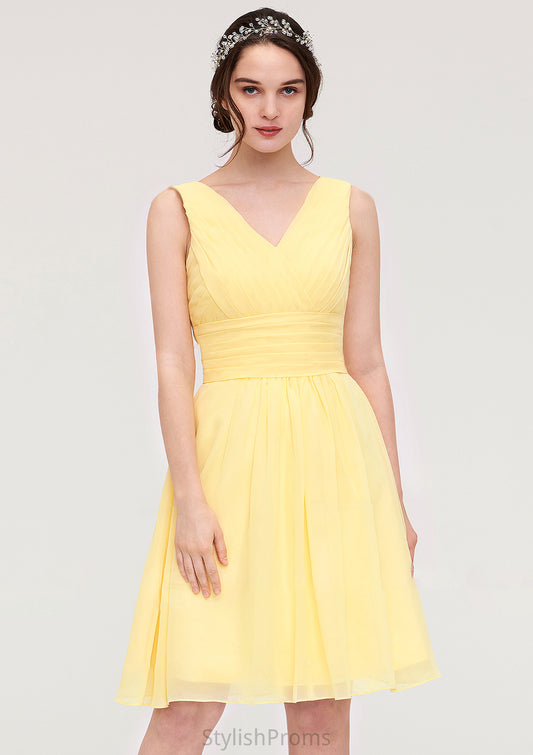 V Neck Sleeveless A-line/Princess Chiffon Knee-Length Bridesmaid Dresses With Pleated Precious HQP0025414