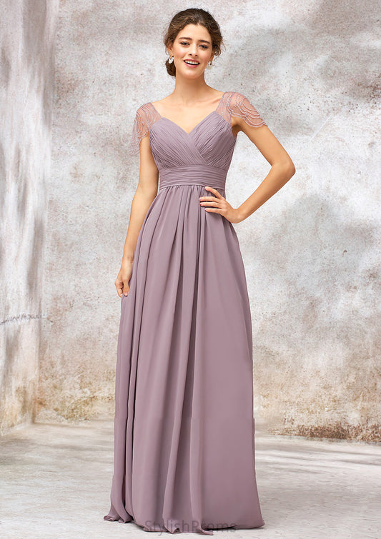 V Neck Long/Floor-Length Chiffon A-line/Princess Bridesmaid Dresses With Pleated Beading Patricia HQP0025416